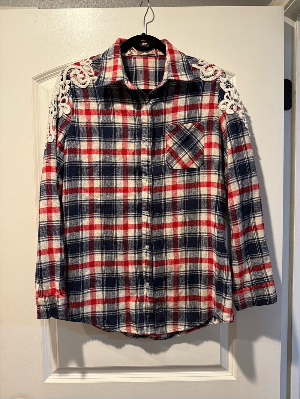 Boutique Plaid Lace-Shoulder Button-Up Flannel